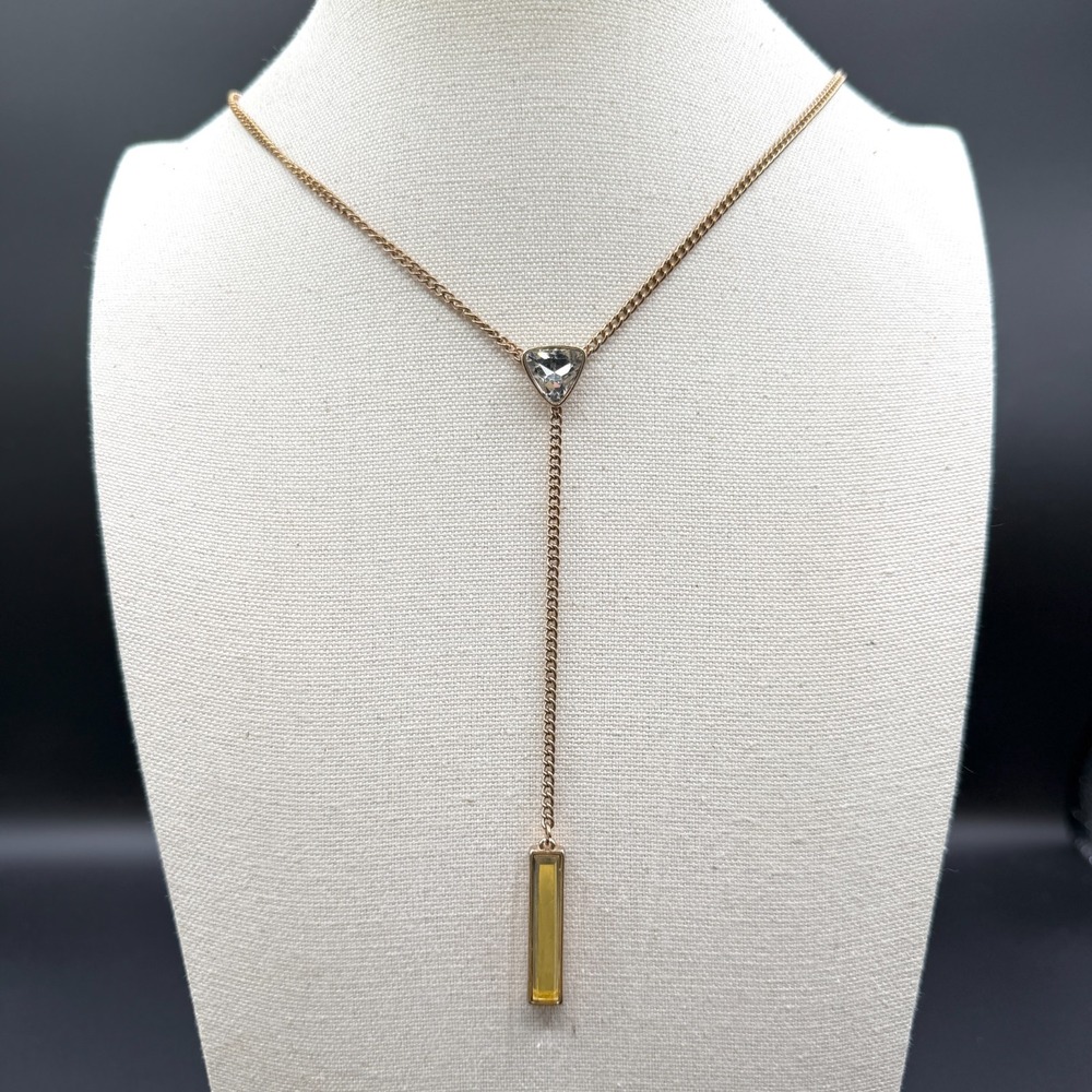 Gold Tone Y Drop Lariat Necklace Clear Triangle Crystal Amber Tone Bar Pendant
